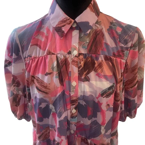 Pink multi colored Floral  Ruffle Hem Smock Dress,baby doll dress,Large,New - Picture 11 of 12